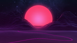 mountain and pink planet digital wallpaper