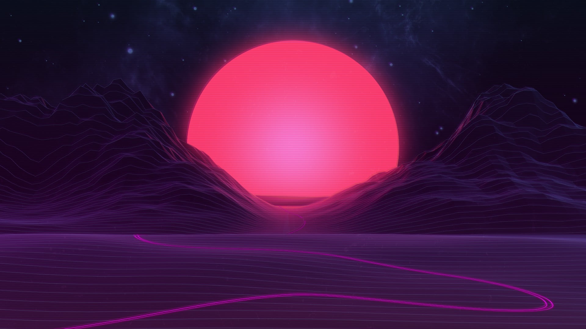 mountain and pink planet digital wallpaper