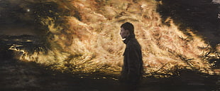 men's brown jacket, painting, fire