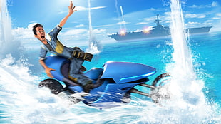 man riding motorcycle on water illustration