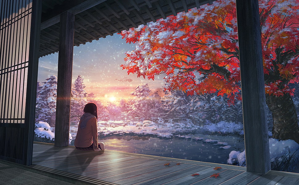 female anime character sitting in front of tree HD wallpaper