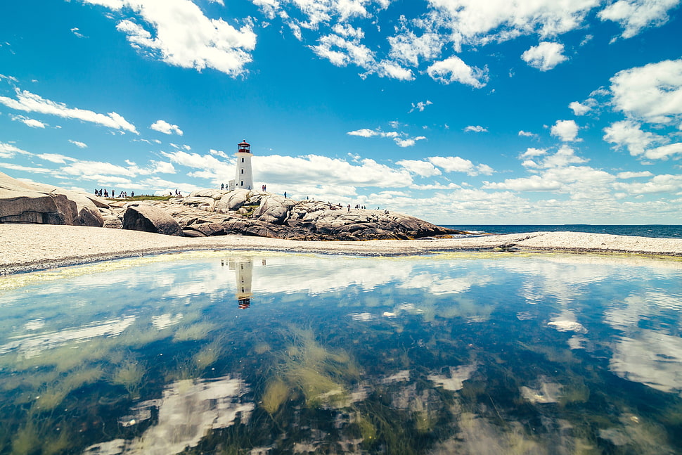 white lighthouse, water, blue, sky, clouds HD wallpaper