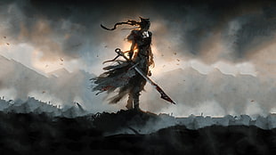 female warrior holding claymore sword digital wallpaper