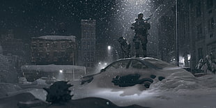 person holding rifle illustration, winter, artwork, soldier, city HD wallpaper