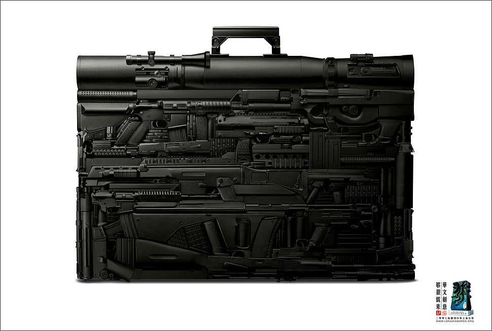 black gun lot, digital art, suitcase, weapon HD wallpaper