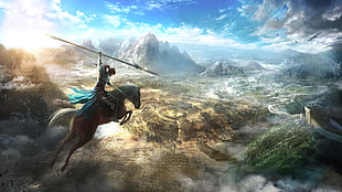 knight riding horse holding spear game poster HD wallpaper