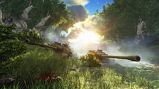 two tanks on river surrounded by trees and sunrise in background