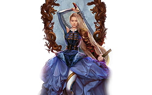 blonde woman wearing blue gown with sword fictional character