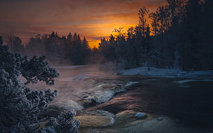 snowy river painting during sunset HD wallpaper