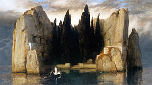 painting of person on boat heading on white rock formation, fantasy art, nature, painting, Arnold Böcklin HD wallpaper