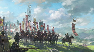 knights on horses carrying banners painting