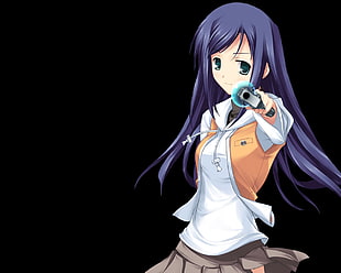purple haired female anime character with gray gun