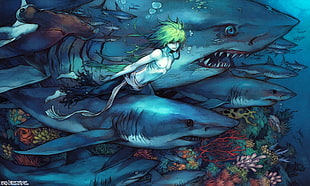 Sharks painting, sea, shark, underwater