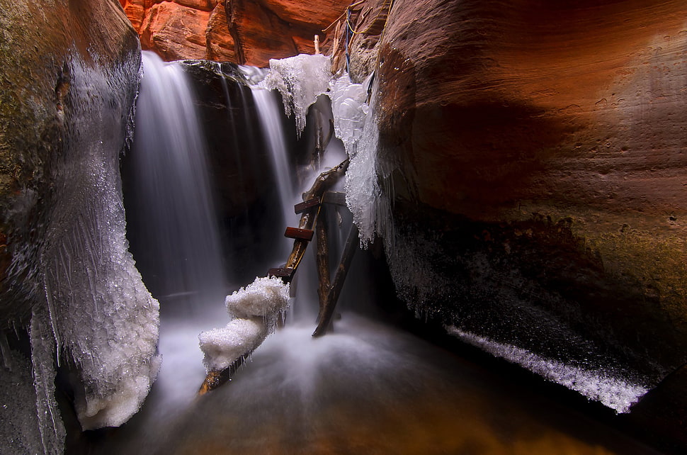 white ice, cave, ice, water, rock HD wallpaper