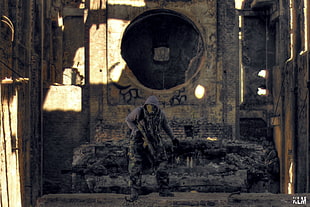 man holding rifle illustration, Poland, abandoned, S.T.A.L.K.E.R., urbex