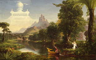 kids playing on river with guardian angel fictional painting, Thomas Cole, The Voyage of Life: Youth, painting, classic art HD wallpaper