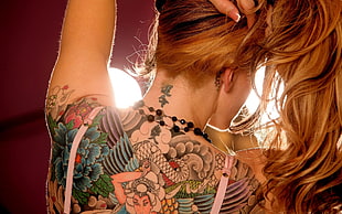 beaded black necklace, tattoo, women, redhead, necks