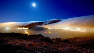 landscape painting, mist, night, street light, long exposure HD wallpaper