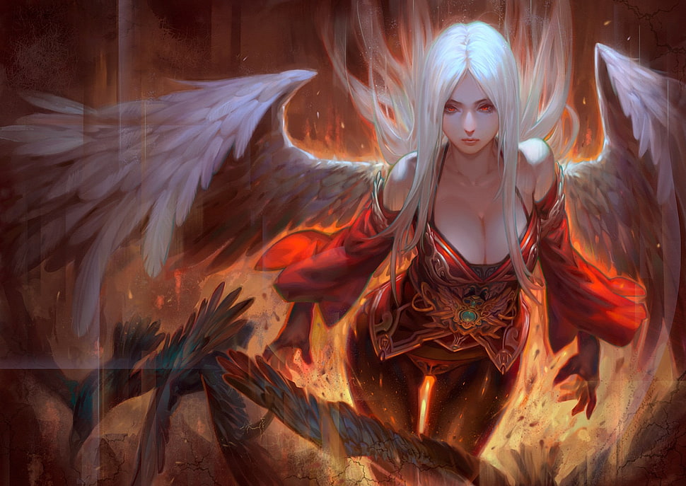 white haired female with wings illustration, fantasy art, angel, artwork HD wallpaper