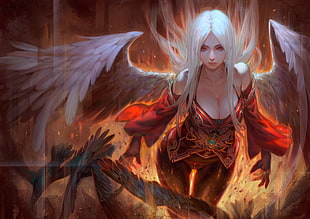 white haired female with wings illustration, fantasy art, angel, artwork