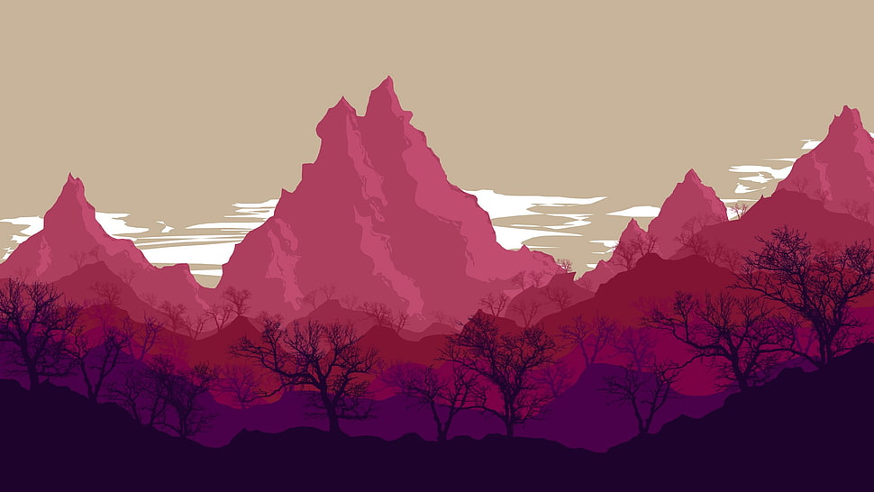 pink mountain illustration HD wallpaper