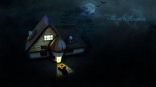 white and brown lighted house Halloween wallpaper