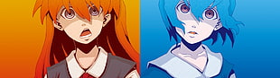 two orange and blue haired female anime character wallpaper