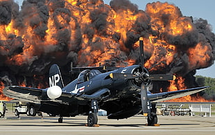 black fighter plane, airplane, F8F Bearcat, military aircraft, explosion