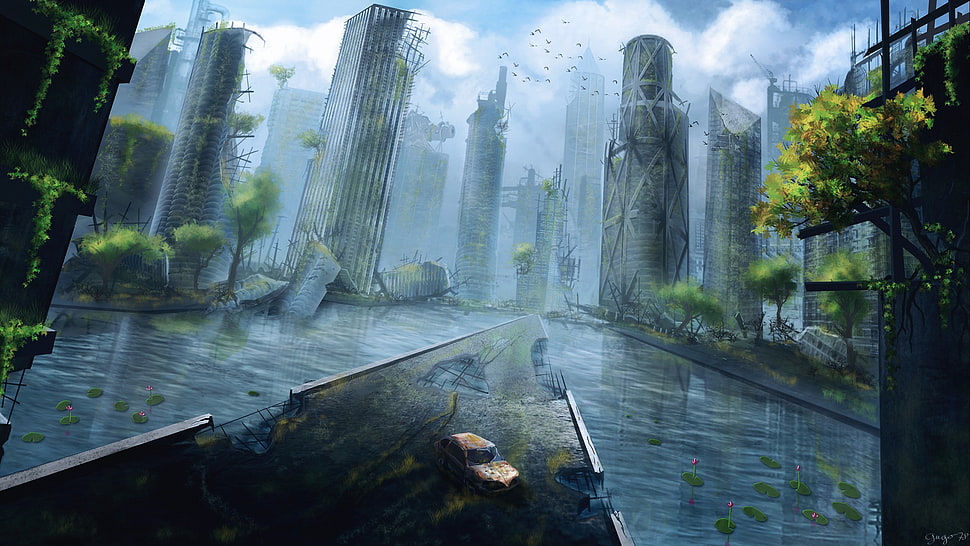vehicle on road between forest and buildings digital wallpaper, artwork, apocalyptic, city, ruin HD wallpaper
