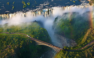 waterfalls near road bridge wallpaper, waterfall, Africa, aerial view, bridge