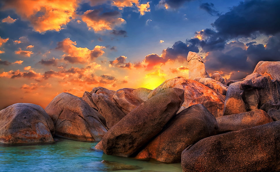 brown seashore rock formation, landscape, sunset, coast HD wallpaper