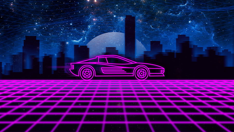 pink car illustration, synthwave, neon, Retrowave, Ferrari Testarossa HD wallpaper