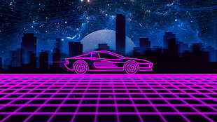 pink car illustration, synthwave, neon, Retrowave, Ferrari Testarossa