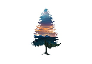mountain tree silhouette stencil art, simple background, nature HD wallpaper