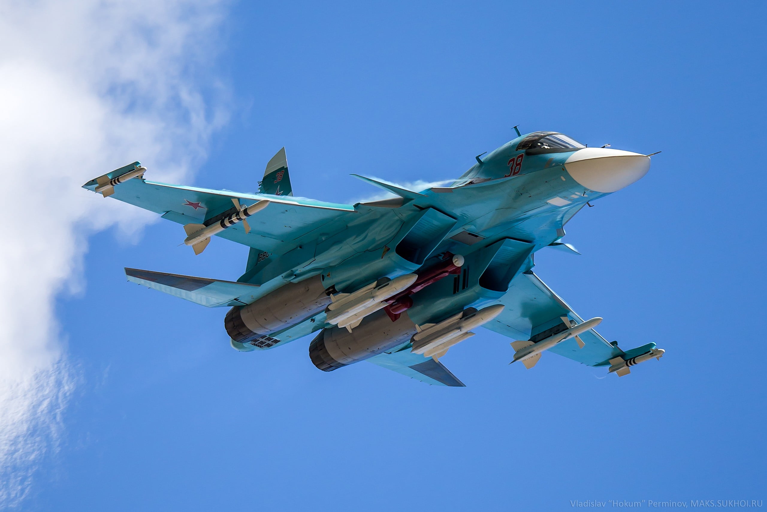 blue and white jet fighter, aircraft, military aircraft, Sukhoi Su-34, Russian Army