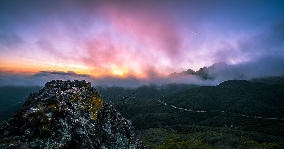 mountain and orange clouds, mountains, clouds, rock, forest HD wallpaper