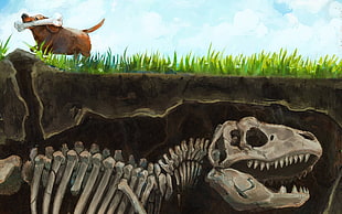 dinosaur skeleton painting, artwork, dinosaurs, dog, bones
