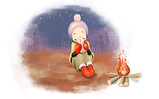 woman near bonfire anime wallpaper