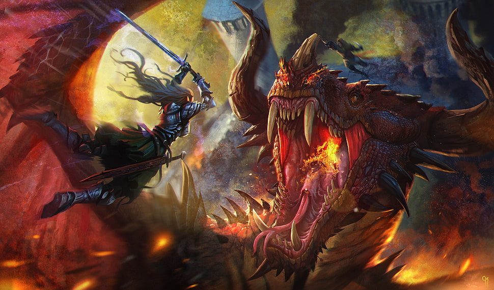 knight and dragon illustration, fantasy art, dragon, warrior HD wallpaper