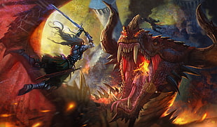 knight and dragon illustration, fantasy art, dragon, warrior