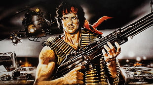 man in red bandana holding rifle digital wallpaper, movies, Rambo, movie art