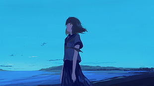 anime character standing near beach illustration, anime, manga, anime girls, sky