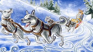 painting of man riding sled with dogs