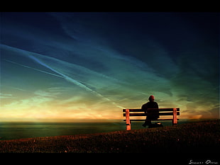 silhouette of person, bench, sky, people, sea