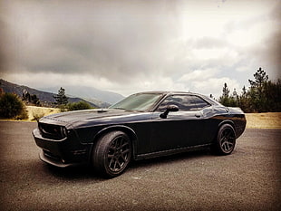 black muscle car, Dodge Challenger, mountains, blacked out HD wallpaper