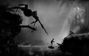 boy near body of water with giant black spider silhouettes