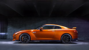 orange coupe, Nissan GT-R, car