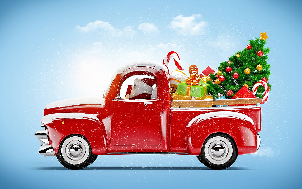 red pickup truck with gift boxes and Christmas tree illustration, New Year, snow HD wallpaper