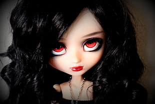 black-haired girl doll with red eyes HD wallpaper