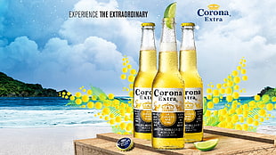 three Corona Extra bottles, beer, Corona, beach